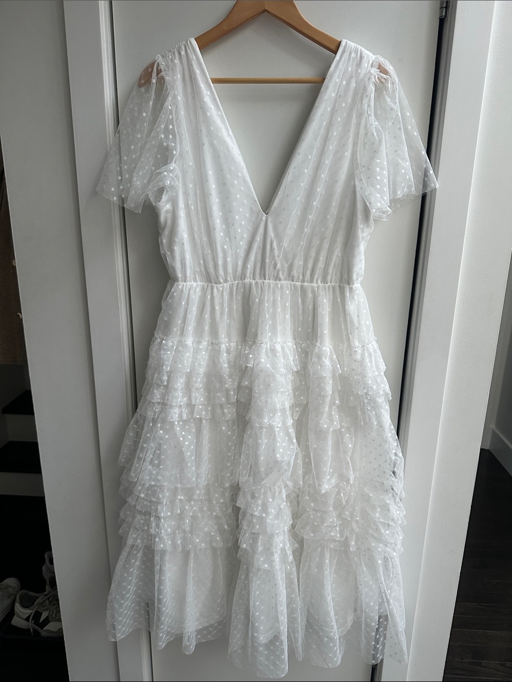 Lulu's White Swiss Dot Ruffled Midi Dress
